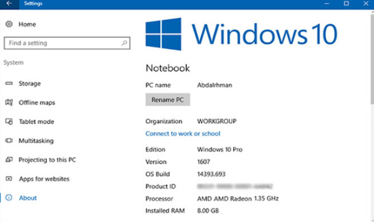 كيف اعرف مواصفات الكمبيوتر ويندوز 10 بدون برامج