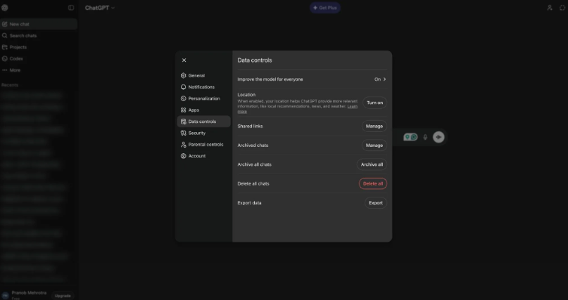 حذف سجل المحادثات بالكامل في ChatGPT
