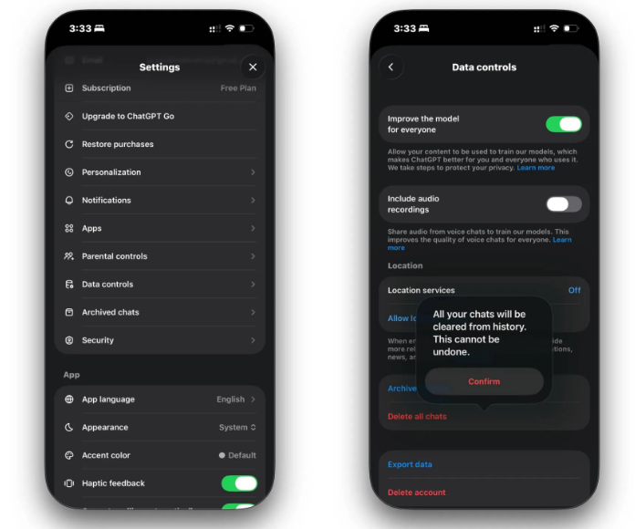 حذف سجل المحادثات بالكامل في ChatGPT